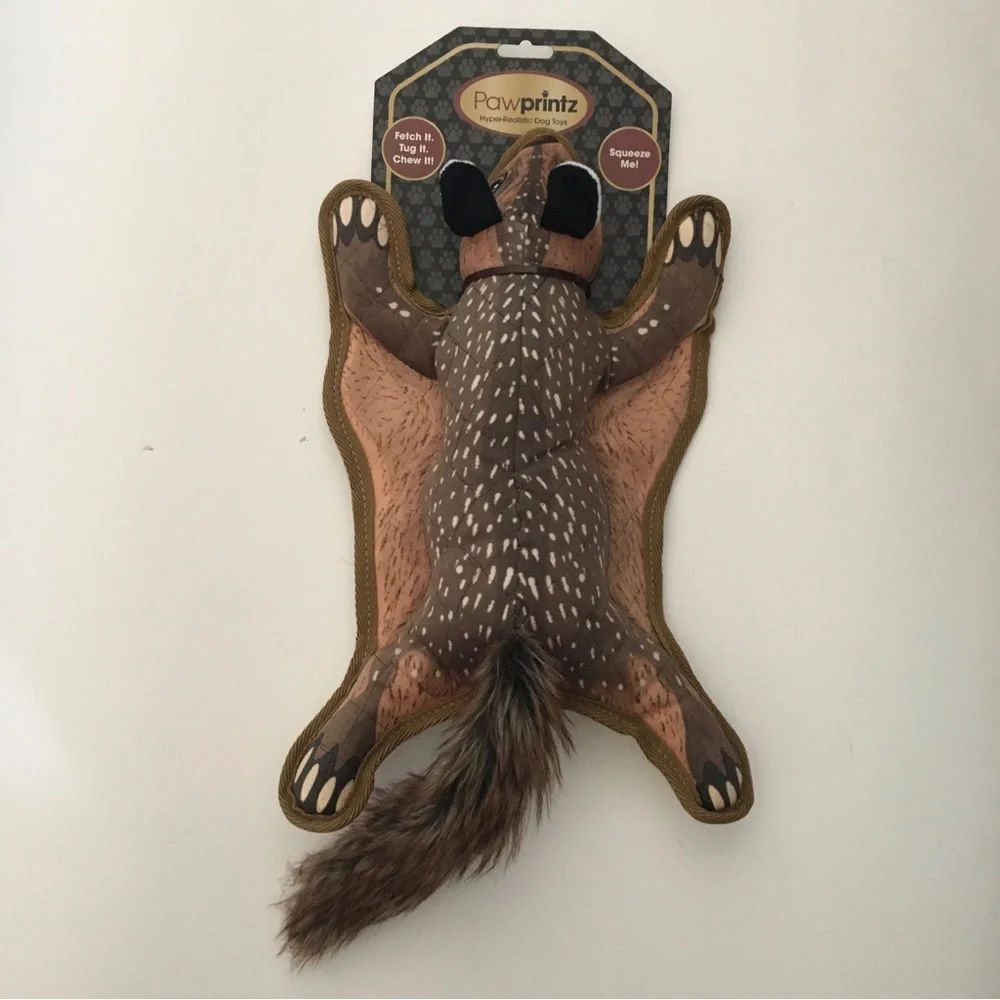 Dog Toy Pawprintz Squirrel Squeaker Faux Fur Tail Fetch Tug Realistic Design